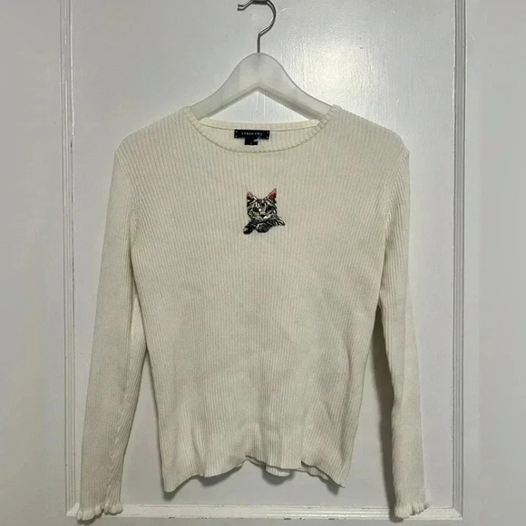 Lands’ End Kids Cat Pullover Cream Knit Sweater Size 16 XL - Picture 1 of 3